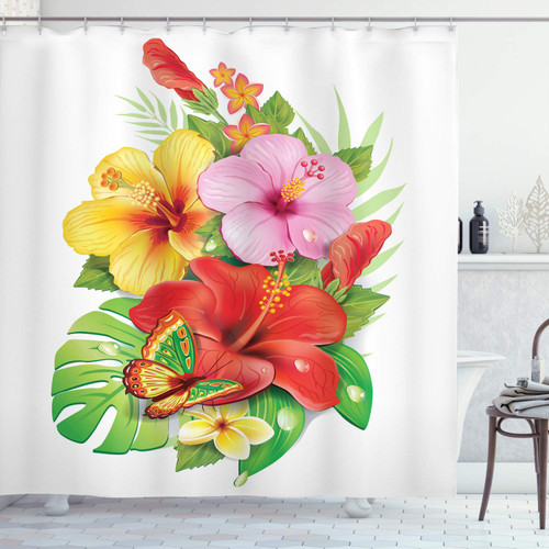 Ambesonne Hawaiian Shower Curtain, Bouquet of Colorful Hibiscus Flowers a Butterfly Blooming Plumeria Petals, Cloth Fabric Bathroom Decor Set with Hooks, 69" W x 75" L, Green Pink Salmon