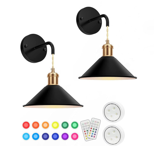7PMBEANE Battery Operated Wall Sconce, Vintage Wireless Wall Sconces Set of Two, 13 RGB Cordless or Hardwired Wall Light Fixture, Battery Wall Sconce with Remote for Bedroom, Hallway (Black)