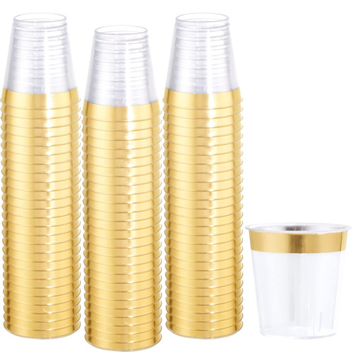 WELLIFE 200 PACK Plastic Clear and Gold Shot Glasses, 2OZ Disposable Shot Glasses,Small Hard Plastic Tumblers,Gold Tasting Sampling Cups,Premium Mini Container Perfect for Whiskey