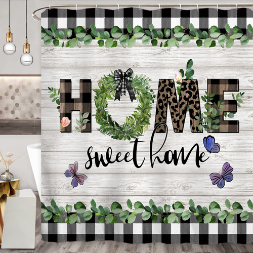 Baccessor Farmhouse Shower Curtain Buffalo Plaid Home Sweet Home Leaf Extra Long Shower Curtain Sets 72x78 Inch Waterproof Washable Fabric Bathroom Bathtubs Decor with Hooks