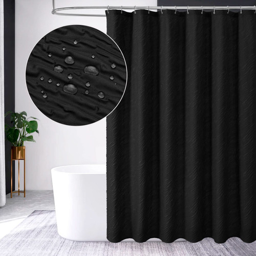 MitoVilla Black Shower Curtain Set with Hooks, Modern Waves Textured Fabric Shower Curtains for Luxury Bathroom Decor, 3D Marble Geometric Embossed Cloth Bathroom Shower Curtain, 72 x 72