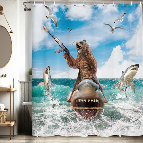 bzwcbei Funny Bear Shower Curtain, Cute Funcy Amusing Bear Riding Shark on Sea Ocean Shower Curtain Set, Blue Nautical Humorous Waterproof Fabric Bathroom Curtain with Hooks, 69x70inches