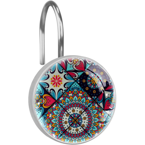 Shower Curtain Hooks, Shower Curtain Rings, Rust Proof Stainless Steel Shower Hooks for Curtain Bathroom Shower Rods, Patchwork Mandala Floral Vintage Artistic