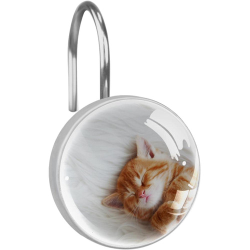 Shower Curtain Hooks, Rust Proof Shower Curtain Rings for Bathroom, Decorative Shower Curtain Hooks Hangers for Shower Curtain Rod, Set of 12, Orange Cat Animal