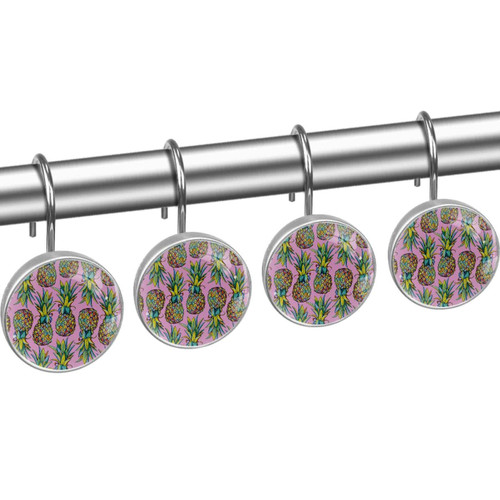 Shower Curtain Hooks, Rust Proof Shower Curtain Rings for Bathroom, Decorative Shower Curtain Hooks Hangers for Shower Curtain Rod, Set of 12, Tropical Fruit Pineapple