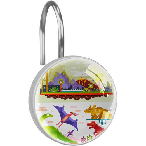Shower Curtain Hooks, Shower Curtain Rings, Rust Proof Stainless Steel Shower Hooks for Curtain Bathroom Shower Rods, Cartoon Animal Dinosaur Island