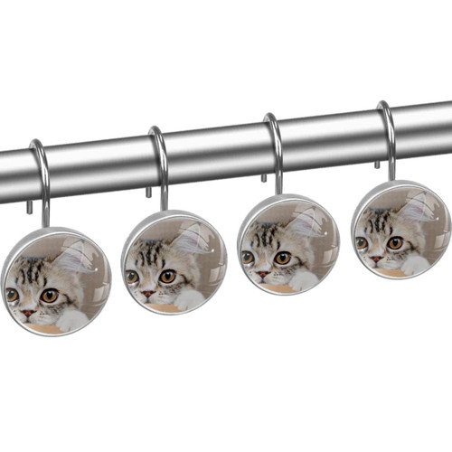 Shower Curtain Hooks, Rust Proof Shower Curtain Rings for Bathroom, Decorative Shower Curtain Hooks Hangers for Shower Curtain Rod, Set of 12, Animal Tabby Cats