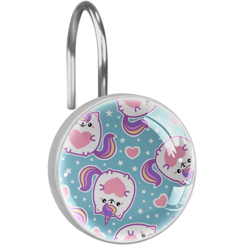 Shower Curtain Hooks, Shower Curtain Rings, Rust Proof Stainless Steel Shower Hooks for Curtain Bathroom Shower Rods, Cartoon Unicorn Heart