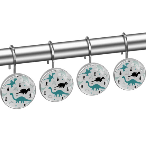 Shower Curtain Hooks, Rust Proof Shower Curtain Rings for Bathroom, Decorative Shower Curtain Hooks Hangers for Shower Curtain Rod, Cartoon Blue Black Dinosaur