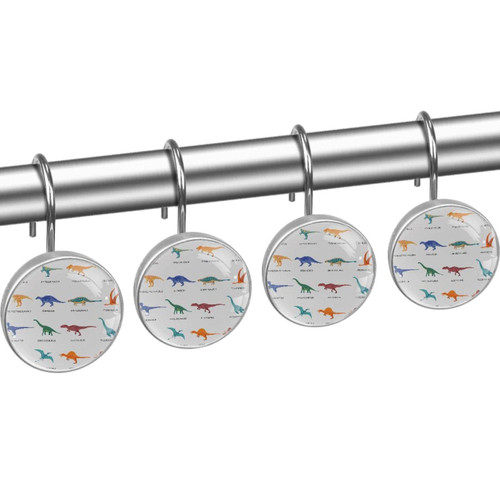 Shower Curtain Hooks, Shower Curtain Rings, Rust Proof Stainless Steel Shower Hooks for Curtain Bathroom Shower Rods, Cartoon Different Types of Dinosaurs