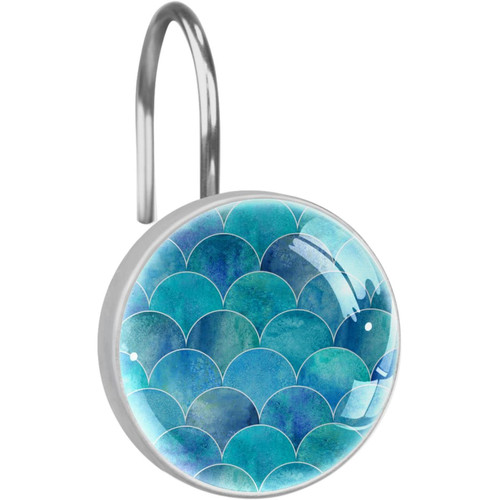 Shower Curtain Hooks, Rust Proof Shower Curtain Rings for Bathroom, Decorative Shower Curtain Hooks Hangers for Shower Curtain Rod, Mermaid Blue Green Scale Pattern