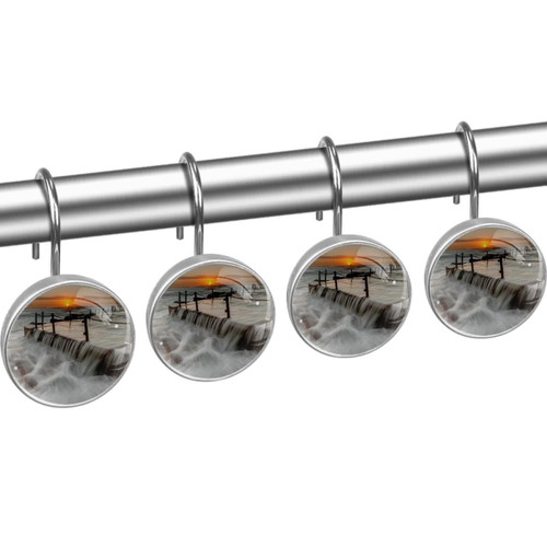 Shower Curtain Hooks, Rust Proof Shower Curtain Rings for Bathroom, Decorative Shower Curtain Hooks Hangers for Shower Curtain Rod, Landscape Sunrise Seaside