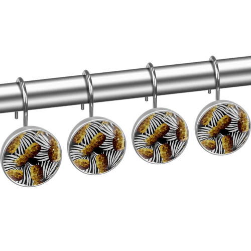 Shower Curtain Hooks, Rust Proof Shower Curtain Rings for Bathroom, Decorative Shower Curtain Hooks Hangers for Shower Curtain Rod, Golden Fruit Pineapple Palm Leaves Tropical