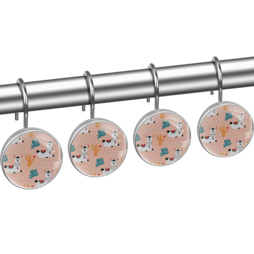 Shower Curtain Hooks, Shower Curtain Rings, Rust Proof Stainless Steel Shower Hooks for Curtain Bathroom Shower Rods, Llama Cactus Cartoon Lovely Animal