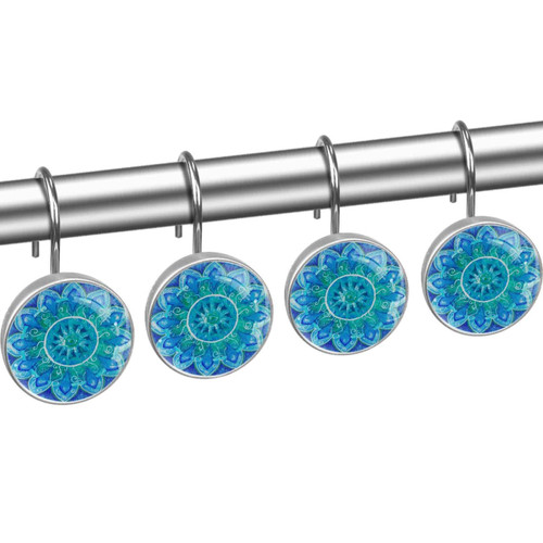 Shower Curtain Hooks, Shower Curtain Rings, Rust Proof Stainless Steel Shower Hooks for Curtain Bathroom Shower Rods, Turquoise Mandala Vintage Art Bohemian