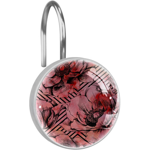 Shower Curtain Hooks, Rust Proof Shower Curtain Rings for Bathroom, Decorative Shower Curtain Hooks Hangers for Shower Curtain Rod, Corn Poppy Red Flower Lines
