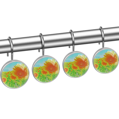Shower Curtain Hooks, Rust Proof Shower Curtain Rings for Bathroom, Decorative Shower Curtain Hooks Hangers for Shower Curtain Rod, Sunflower Field Sunny Floral Art