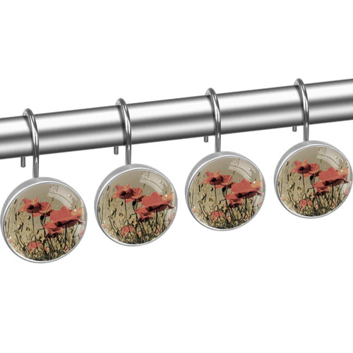 Shower Curtain Hooks, Rust Proof Shower Curtain Rings for Bathroom, Decorative Shower Curtain Hooks Hangers for Shower Curtain Rod, Flower Floral Corn Poppy Vintage