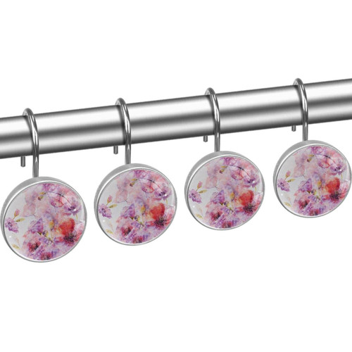 Shower Curtain Hooks, Rust Proof Shower Curtain Rings for Bathroom, Decorative Shower Curtain Hooks Hangers for Shower Curtain Rod, Flower Floral Corn Poppy Pink Purple