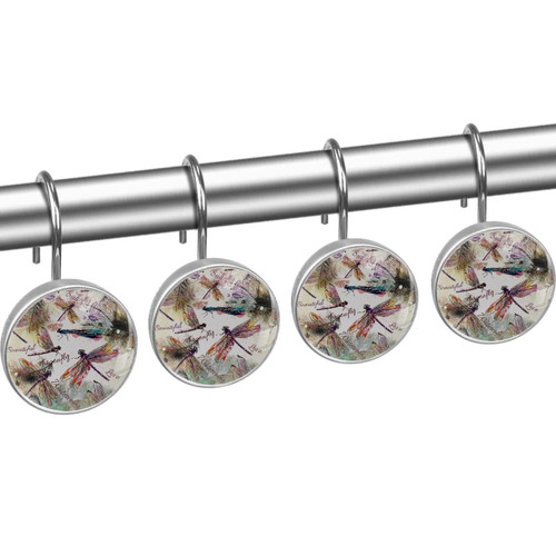 Shower Curtain Hooks, Rust Proof Shower Curtain Rings for Bathroom, Decorative Shower Curtain Hooks Hangers for Shower Curtain Rod, Butterfly Dragonfly Art Retro Style