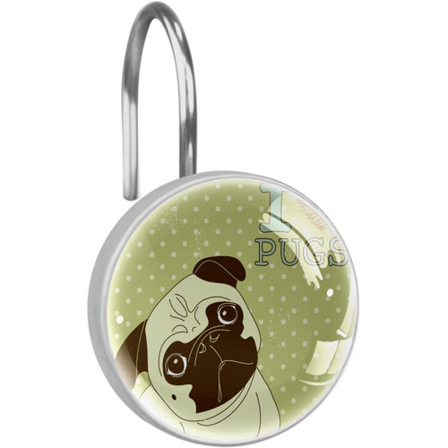 Shower Curtain Hooks, Shower Curtain Rings, Rust Proof Stainless Steel Shower Hooks for Curtain Bathroom Shower Rods, Cartoon I Love Pugs