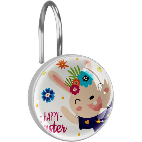 Shower Curtain Hooks, Rust Proof Shower Curtain Rings for Bathroom, Decorative Shower Curtain Hooks Hangers for Shower Curtain Rod, Cartoon Easter Rabbit Flower