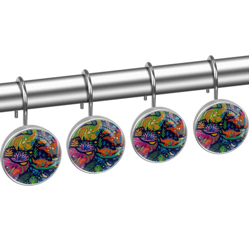 Shower Curtain Hooks, Shower Curtain Rings, Rust Proof Stainless Steel Shower Hooks for Curtain Bathroom Shower Rods, Colored Dinosaur Cartoon Flower