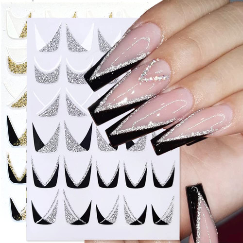 French V-Shaped Nail Art Sticker, 3D Self-Adhesive French Glitter Nail Decals Tips 8Sheets V Shape Nail Guides Design Decoration for Women Manicure DIY Accessories Supplies French V-Shaped Nail Art Sticker, 3D Self-Adhesive French Glitter Nail Decals Tips 8Sheets V Shape Nail Guides Design Decoration for Women Manicure DIY Accessories Supplies
