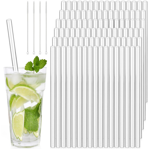 Dandat 100 Pcs Glass Straw 10'' x 10 mm Drinking Straws with 4 Straw Cleaner Brush Clear Reusable Straws Stainless Smoothie Straw Reusable Straws for Cocktail Milkshakes Juice Tea (Straight)