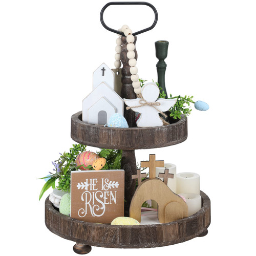 5 Pcs Jesus Tomb Easter Tray Bundle Kit with LED Fairy Lights, Wooden Easter Jesus Sign He Is Risen Resurrection Scene Nativity Christ Statue Farmhouse Easter Tiered Tray Decor for Home Church Table