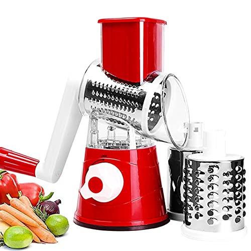 Kitchen Things Rotary Cheese Grater with handle Round Slicer, Handheld Hashbrown Shredder with 3 Drum Blades, Grinder for Potato, Carrot, Vegetables, Nuts, Zucchini (Red).