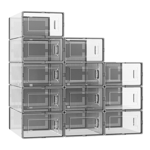 Fixwal Shoe Holder, 12 Pack, Avgxc Shoe Box Organizer, Clear, Grey, Avgxc Clear Shoe Boxes Stackable, Large 12 Pack Shoe