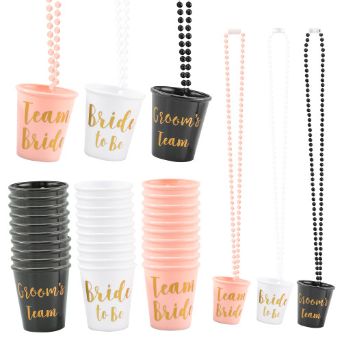 KEJJNYER 30 Pack Shot Glass Necklaces, Plastic Shot Necklace Cups Necklace Bachelorette Shot Glasses On Beaded Pink White and Black for Party,Wedding(Team Bride, Groom and Bride, Groom to Be)