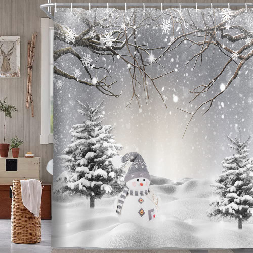 JAWO Winter Christmas Shower Curtain, Cute Snowman Snowflake Scene Shower Curtains for Bathroom, Pine Tree Covered Snow Fabric Bath Curtains Set Extra Long 69 x 84 Inches