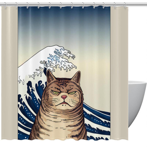 KQNZT Shower Curtains for Bathroom, Fabric Shower Curtain with Hooks, Stylish Modern Curtain, Bath Decor, Japanese Cartoon Animal Cat and Ocean Wave Funny KQNZT Shower Curtains for Bathroom, Fabric Shower Curtain with Hooks, Stylish Modern Curtain, Bath Decor, Japanese Cartoon Animal Cat and Ocean Wave Funny