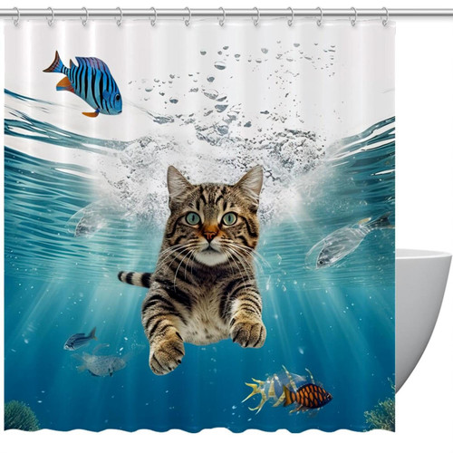 KQNZT Shower Curtains for Bathroom, Fabric Shower Curtain with Hooks, Stylish Modern Curtain, Bath Decor, Funny Animal Ocean Summer Cat Fish Sea KQNZT Shower Curtains for Bathroom, Fabric Shower Curtain with Hooks, Stylish Modern Curtain, Bath Decor, Funny Animal Ocean Summer Cat Fish Sea