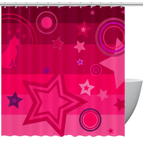 KQNZT Shower Curtains for Bathroom, Fabric Shower Curtain with Hooks, Stylish Modern Curtain, Bath Decor, Pink Star Striped Cat