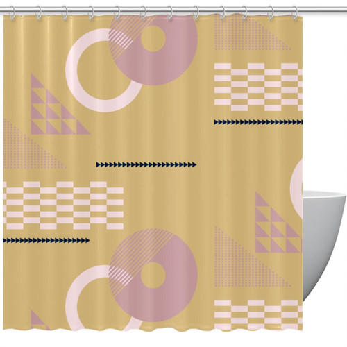 KQNZT Shower Curtains for Bathroom, Fabric Shower Curtain with Hooks, Stylish Modern Curtain, Bath Decor, Pink Circle Geometric Pattern Retro