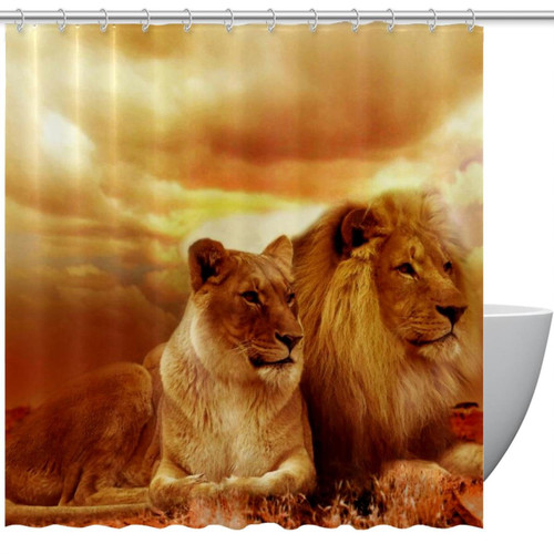 KQNZT Shower Curtains for Bathroom, Fabric Shower Curtain with Hooks, Stylish Modern Curtain, Bath Decor, Two Lions Animals Africa
