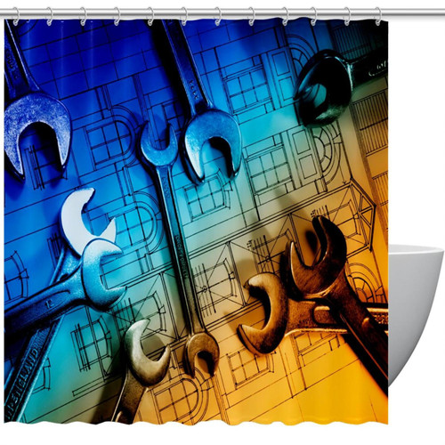 KQNZT Shower Curtains for Bathroom, Fabric Shower Curtain with Hooks, Stylish Modern Curtain, Bath Decor, Wrench Retro