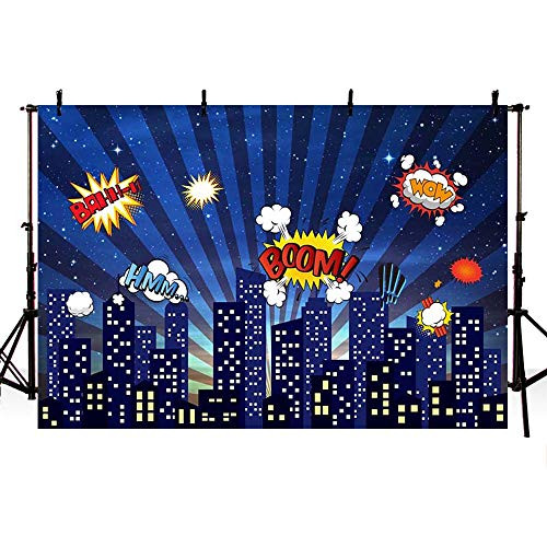 COMOPHOTO Superhero Cityscape Backdrop Banner 7x5ft Super Hero City Photo Booth Background Birthday Party Event Decorations Scene Studio Props
