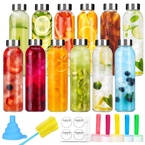 CUCUMI 12pcs 18oz Glass Water Bottles with Stainless Steel Lids, Reusable Glass Juice Bottles Bulk with Funnel, Stickers, Brush and 12pcs Replaceable Caps for Storing Beverages Juice, Kombucha, Kefir