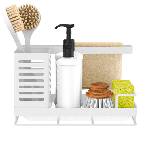 Sink Caddy, Kitchen Sink Organizer, Sponge Holder Stainless Steel Kitchen Caddy for Kitchen Sink with Removable Drain Pan Storage for Soap, Sponge, Scrubber Brush, Bottles, Dishcloth -White