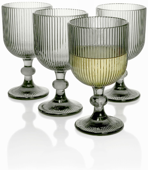 Red Co. Set of 4 Vintage 12 Fl Oz Ribbed Glass Stemmed Water Goblets in Solid Grey