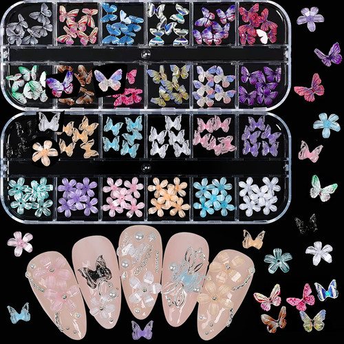 WOKOTO 2 Box 3D Butterfly And Flower Nail Charms For Nail Art 3D Flowers Charms For Acrylic Nails 3D Butterfly Nail Art Charms For Nails Design Butterfly Charms For Nails 3D Butterflies For Nails