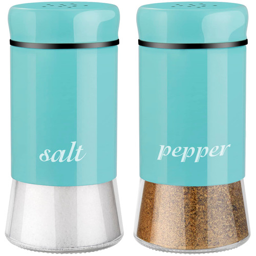Turquoise Salt and Pepper Shakers - Turquoise Kitchen Decor & Teal Kitchen Accessories- 5 oz Farmhouse Glass Salt and Pepper Set for Cooking Table, RV, BBQ, Easy to Clean & Refill