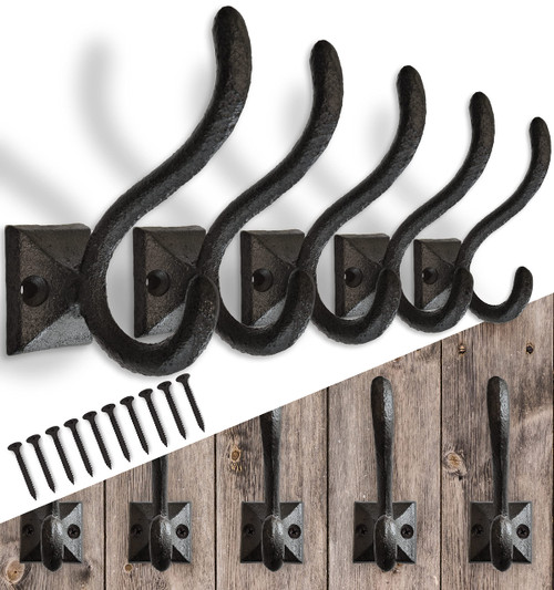 Rustic Wall Hooks for Hanging (5 Pack) Cast Iron Black Coat Hooks Wall Mounted - Farmhouse Decor Square Base Hooks for Coats, Bags, Hats, Towels (Black Hooks)