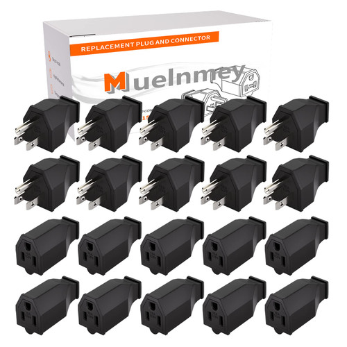 Muelnmey 10SET Extension Cord Ends Electrical Replacement Plug and Connector NEMA 5-15R 15A 125V Black Shell 2 Pole 3 Wire Grounding Electric Replacement Plug