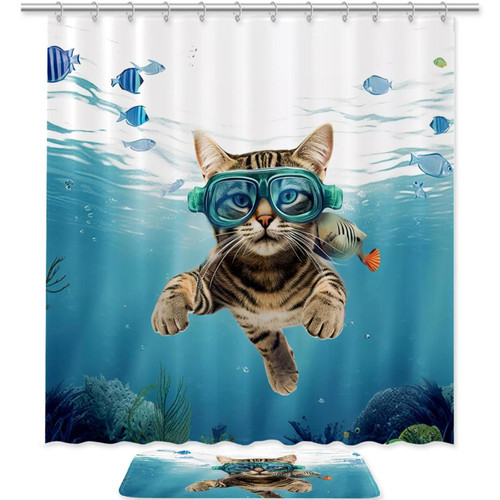 KQNZT 2Pcs Shower Curtain Sets, Bathroom Sets with Shower Curtain, Bath Mat, Shower Curtain with 12 Hooks for Bathroom Set Decor, Ocean Summer Swimming Animal Cat Fish KQNZT 2Pcs Shower Curtain Sets, Bathroom Sets with Shower Curtain, Bath Mat, Shower Curtain with 12 Hooks for Bathroom Set Decor, Ocean Summer Swimming Animal Cat Fish