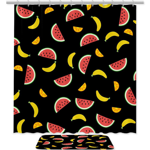 KQNZT 2Pcs Shower Curtain Sets, Bathroom Sets with Shower Curtain, Bath Mat, Shower Curtain with 12 Hooks for Bathroom Set Decor, Fruit Banana Watermelon Orange Cartoon Black